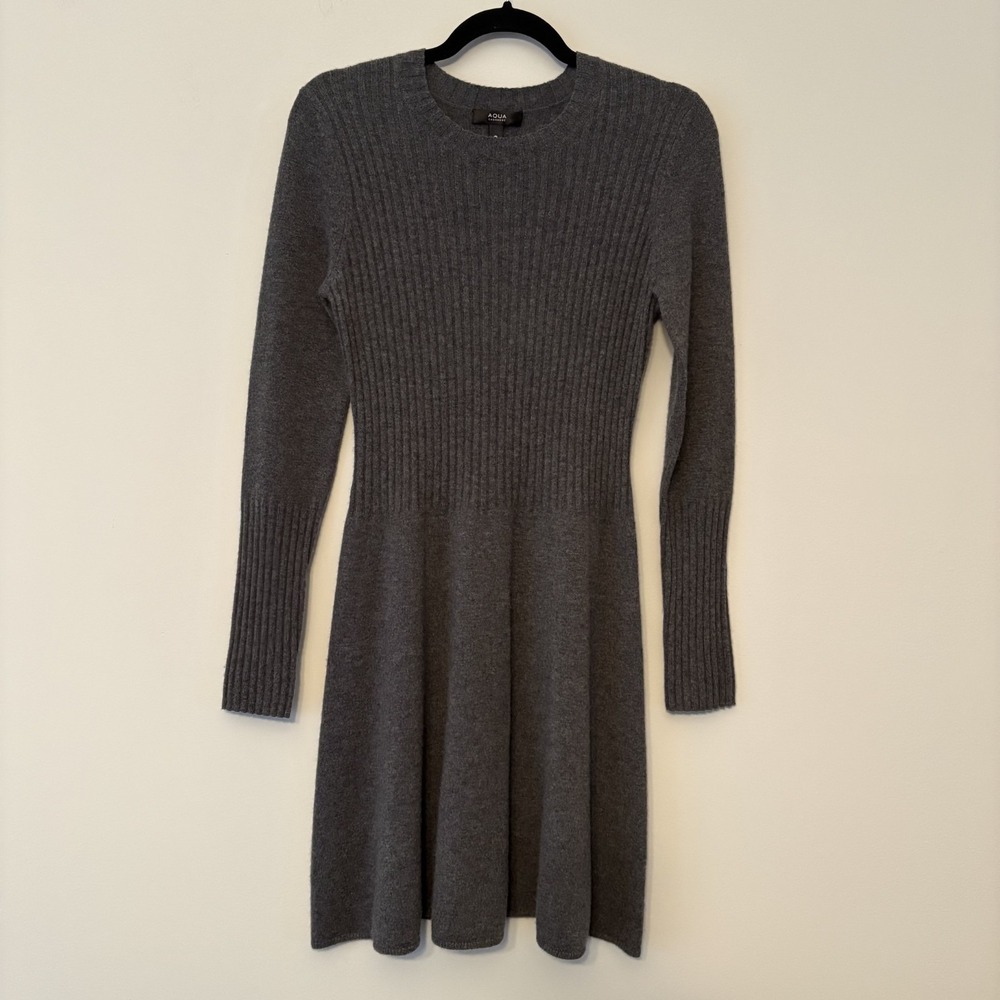 Aqua 100% Cashmere Fit Flare Rib Knit Long Sleeve Dress Gray Size M Quiet Luxury